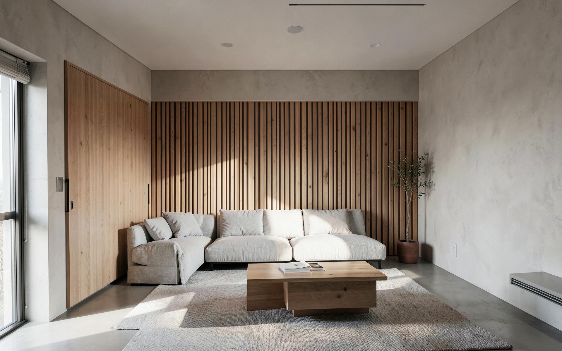Japanese-inspired living room with oak slat wall and linen sofa
