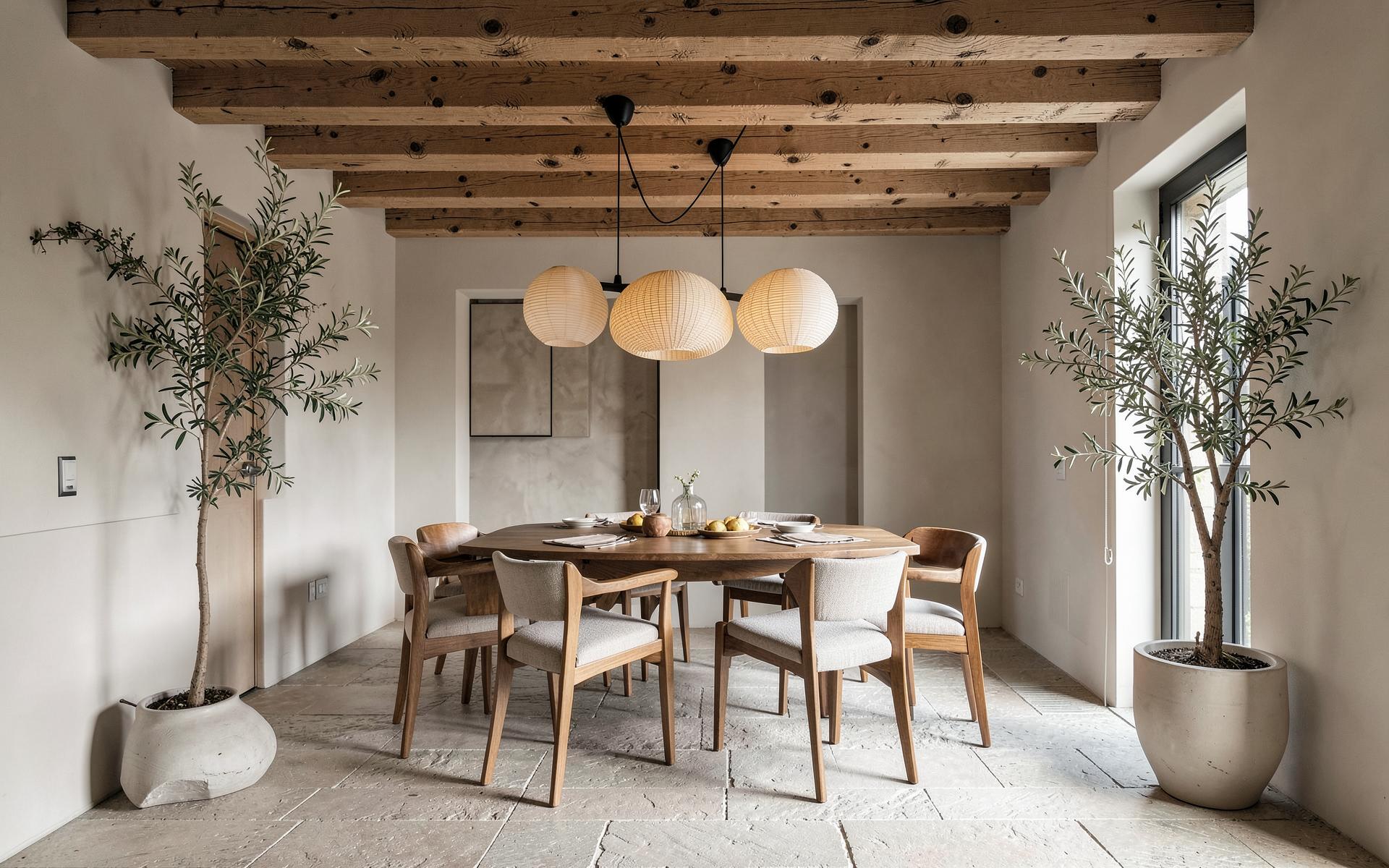 Dining space with timber beams and paper pendant lights