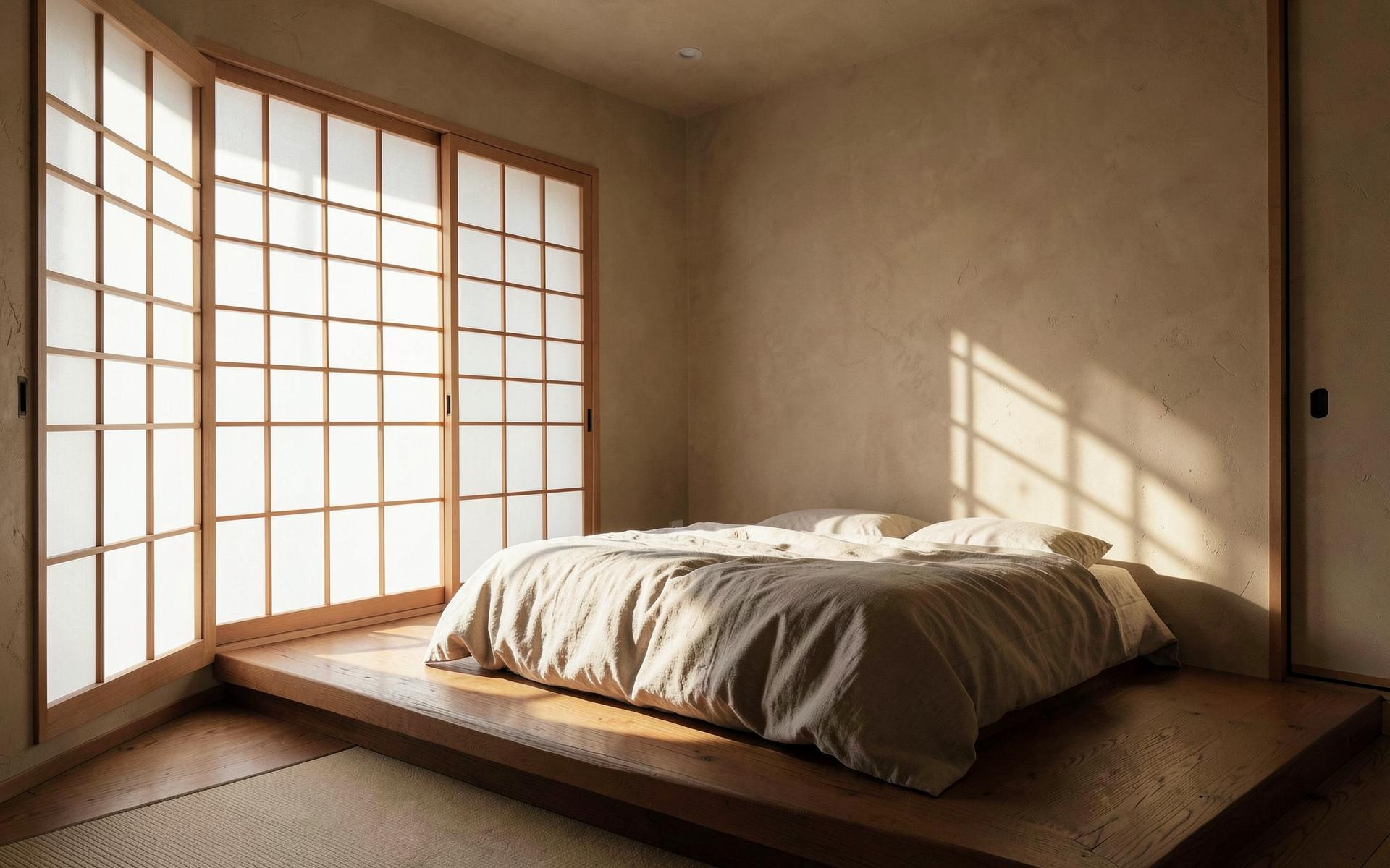 Minimal bedroom with shoji screens and morning light